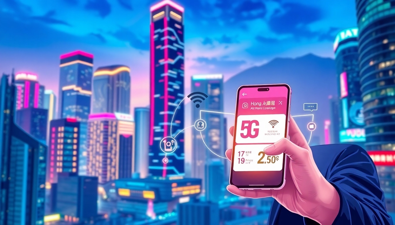 繁忙的香港城市夜景，展示一位年輕專業人士手持智慧手機，背景充滿霓虹燈光和現代摩天大樓，象徵高速穩定的5G網絡連接。