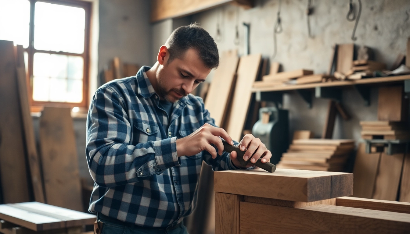 Carpenter expertly measuring and cutting wood in a bright workshop, showcasing craftsmanship and precision.