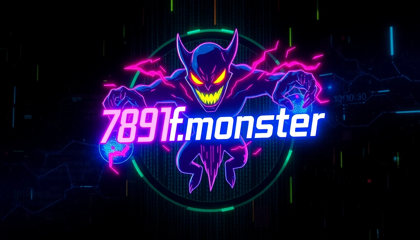 789f.monster branding logo with a fierce monster illustration in a neon cyberpunk style, ideal for online branding and website use.