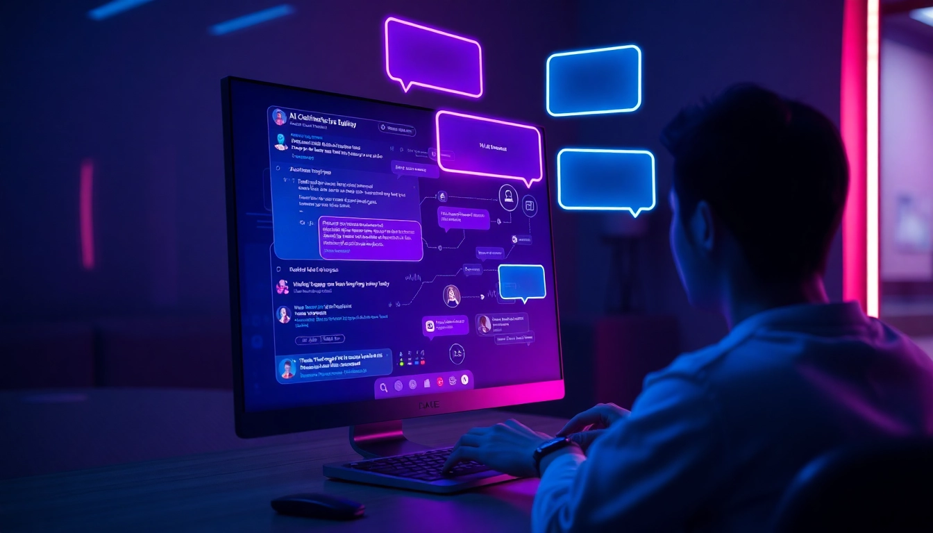An advanced AI chatbot interface on a computer screen with neon colors and holographic chat bubbles in a modern tech environment.