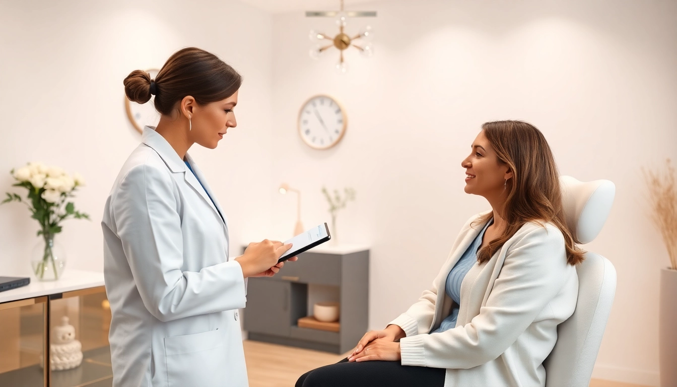 Consultation for Botox Behandlung showcasing a doctor discussing treatment options with a patient in a calming clinic environment.