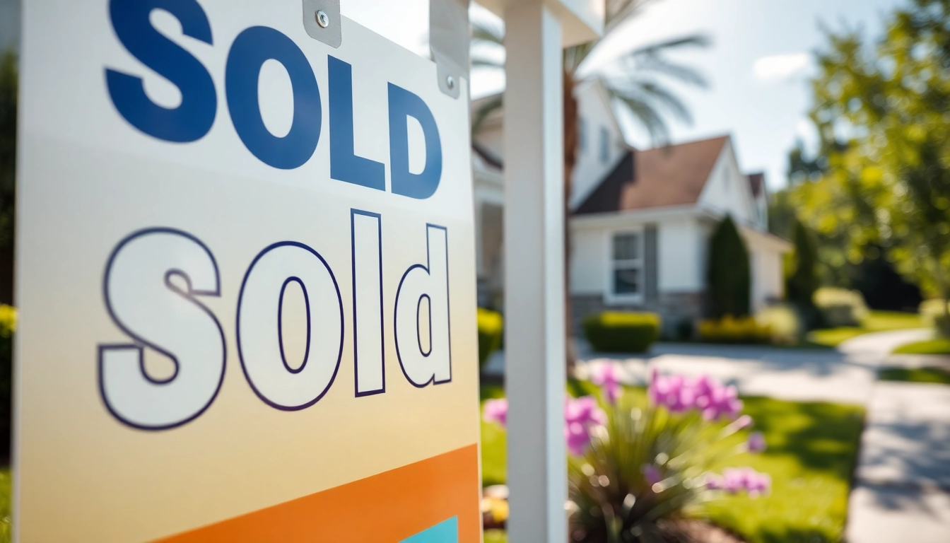 Bright sold sign with bold lettering displayed outside a house, attracting attention for real estate sales and marketing.