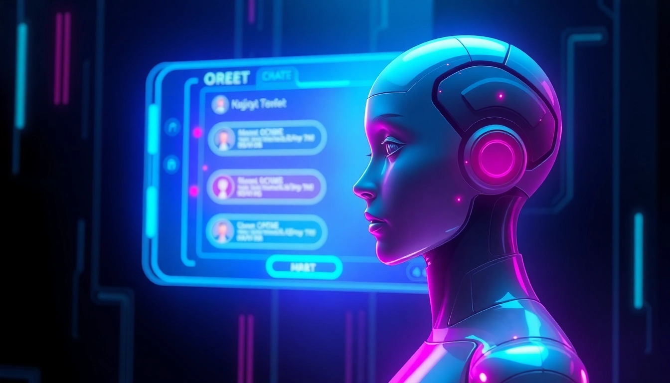 Futuristic AI interface with holographic chat and digital character in a cyberpunk setting.