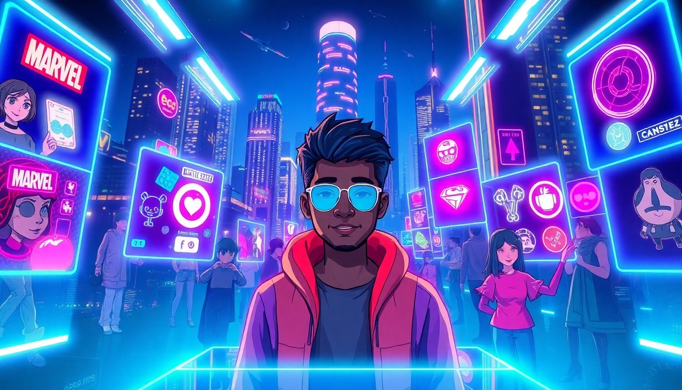 A vibrant digital artwork of a virtual social world with avatars and holographic fandom icons in a neon-lit cityscape.