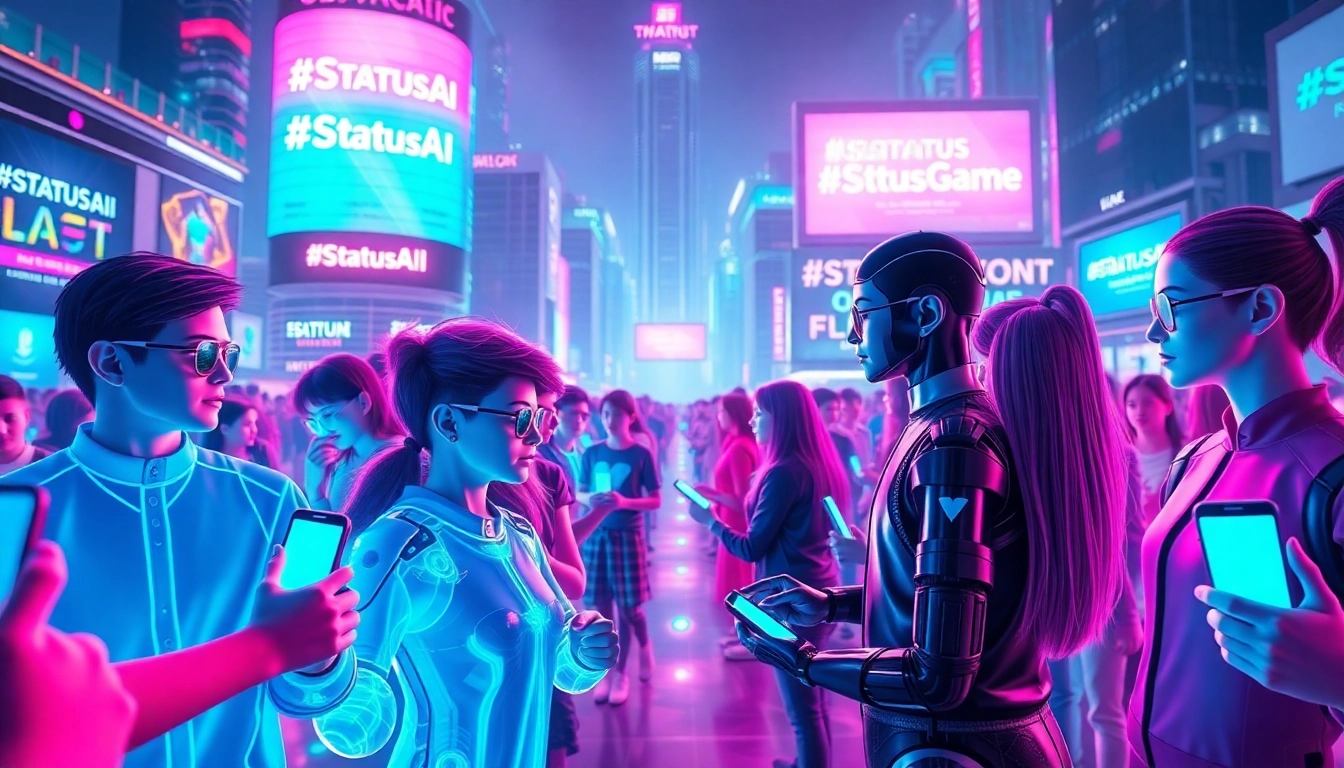 Futuristic social media environment with avatars and digital screens in vibrant neon colors.