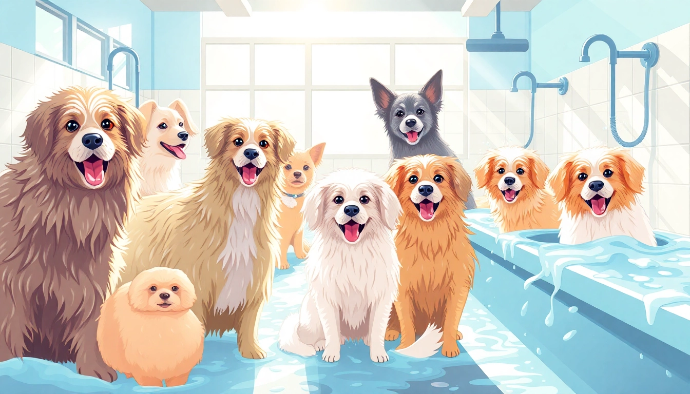 Enjoy a satisfying dog wash near me experience, featuring happy dogs bathing in a bright and inviting setting.