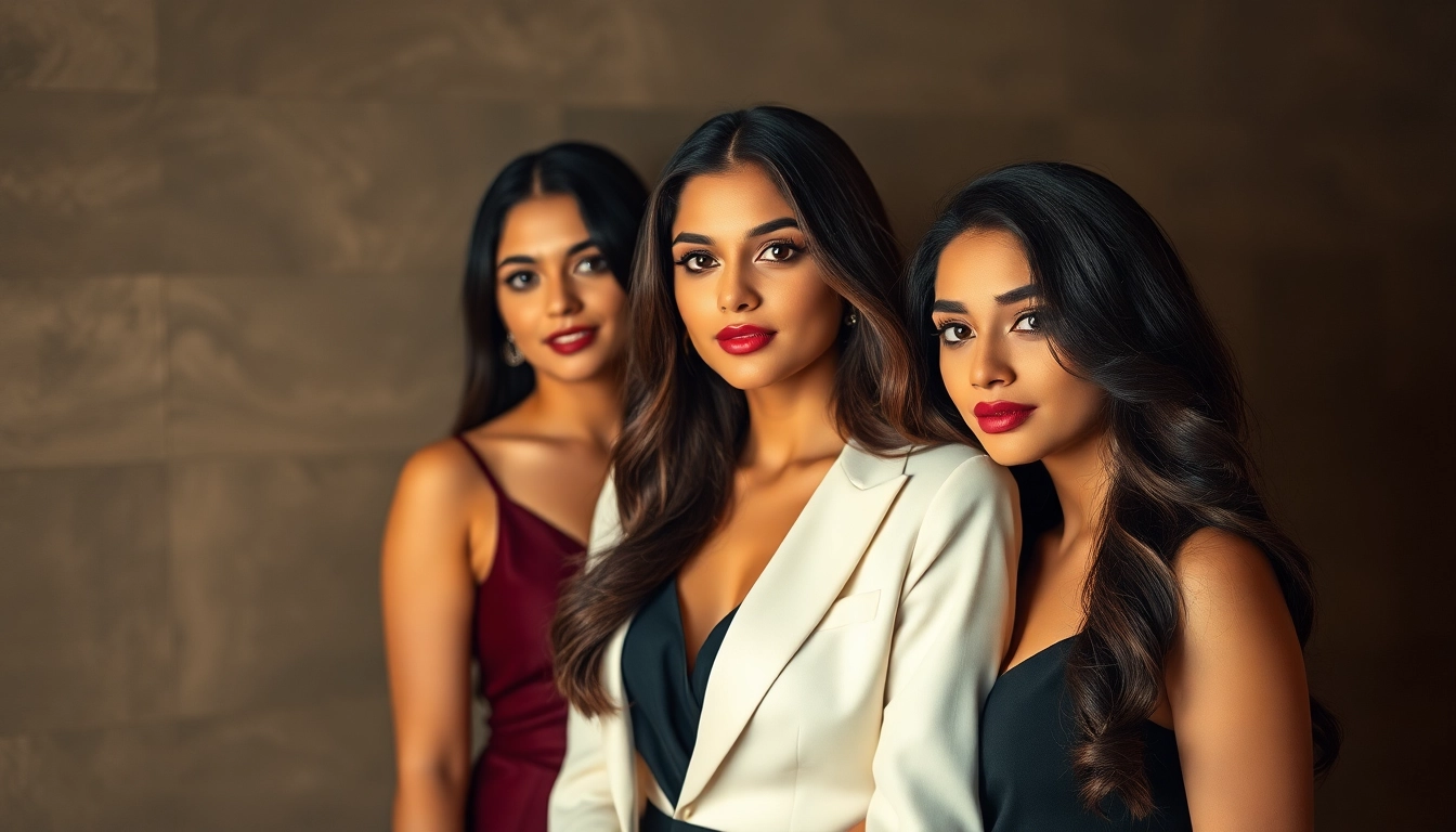 Glamorous Bangalore Call Girls offering discreet companionship with confident expressions and elegant attire in an upscale setting.