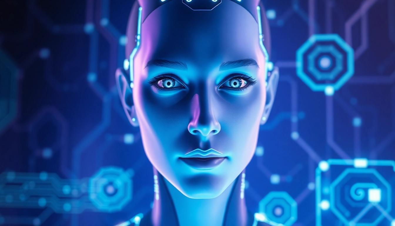 Futuristic AI avatar with holographic interface in a dark tech setting
