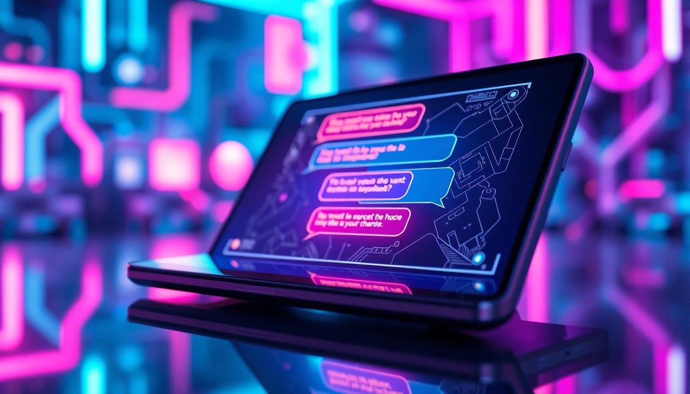 Futuristic AI chatbot interface on a sleek screen with neon accents and holographic chat bubbles.