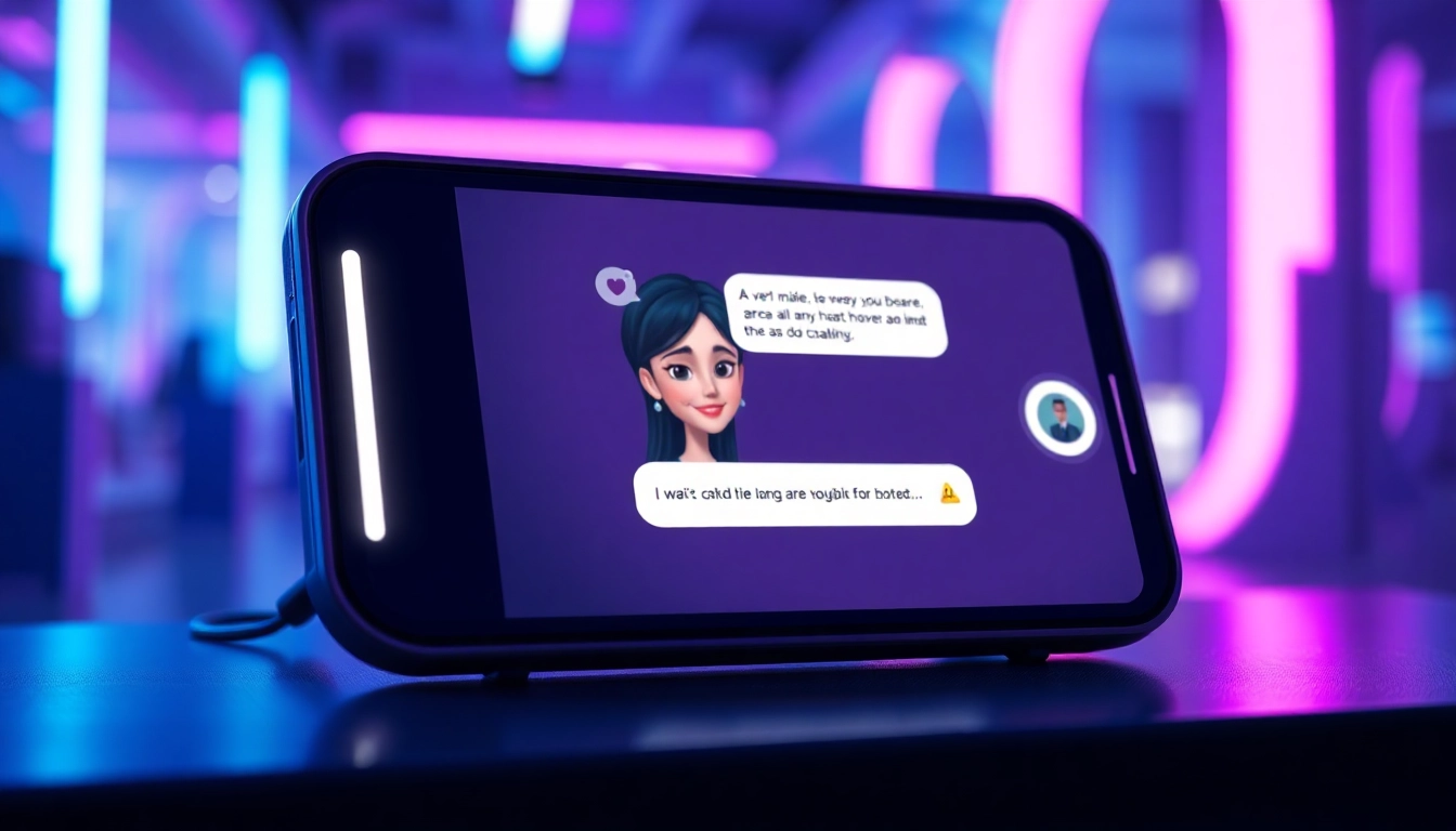 A digital illustration of an AI girlfriend chat interface on a modern device with a friendly animated character and vibrant neon lighting.