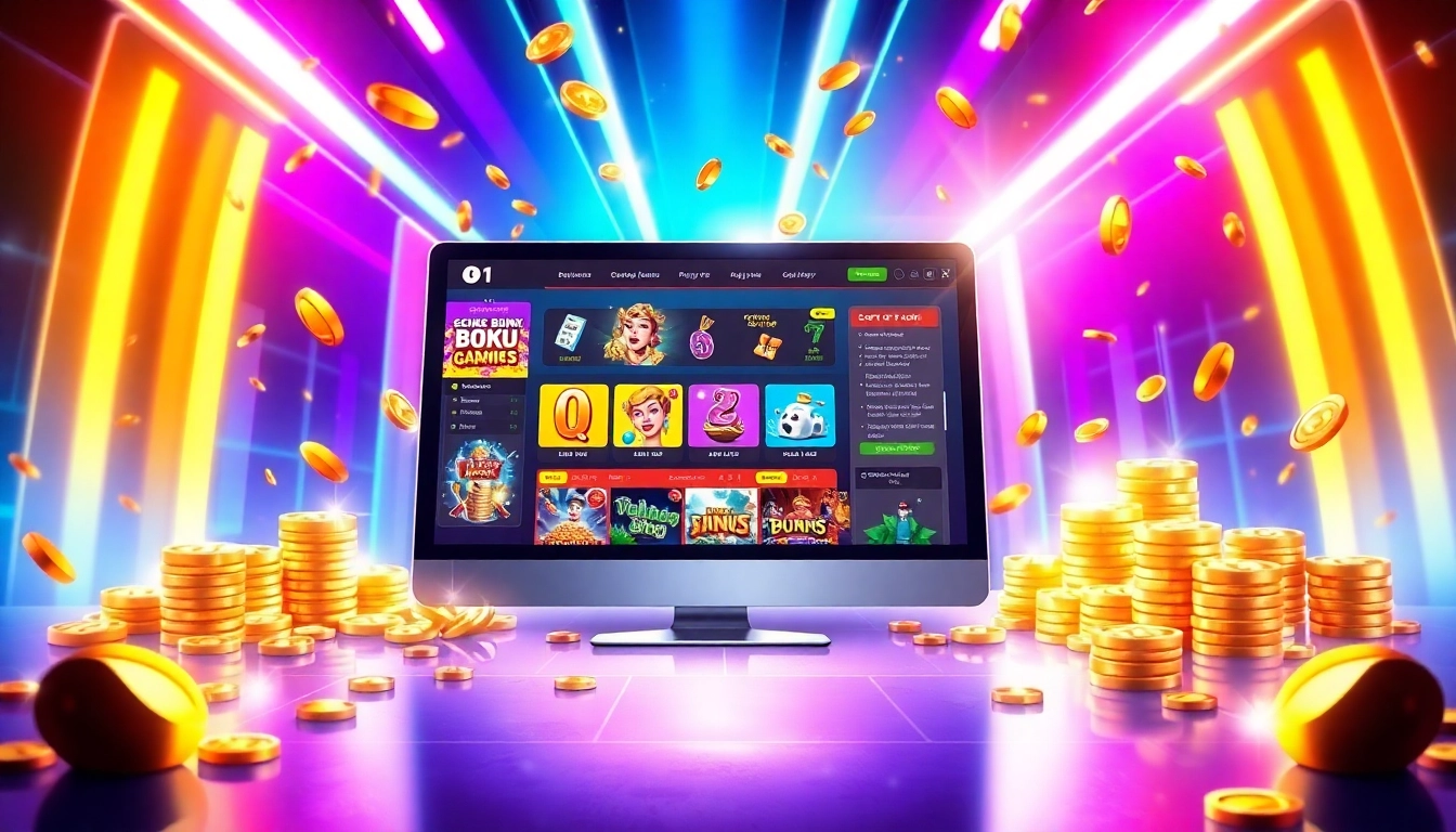 A vibrant illustration of an online gaming platform with colorful game icons and promotional banners on a digital device, set in a lively, neon-lit environment.