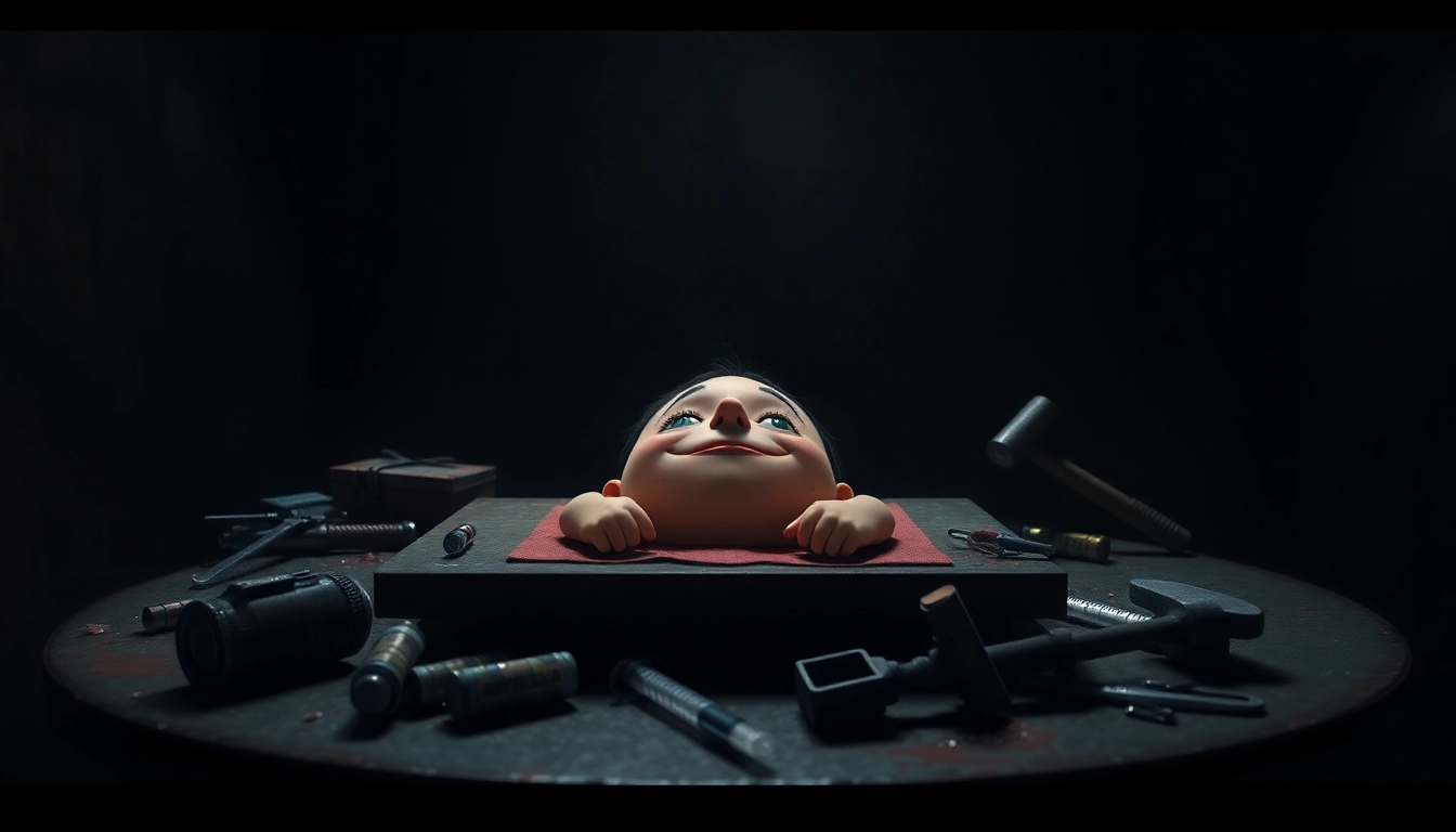 A disturbing scene of Harvey suffering as he's clicked repeatedly, with tools surrounding him in a dark, tense room.