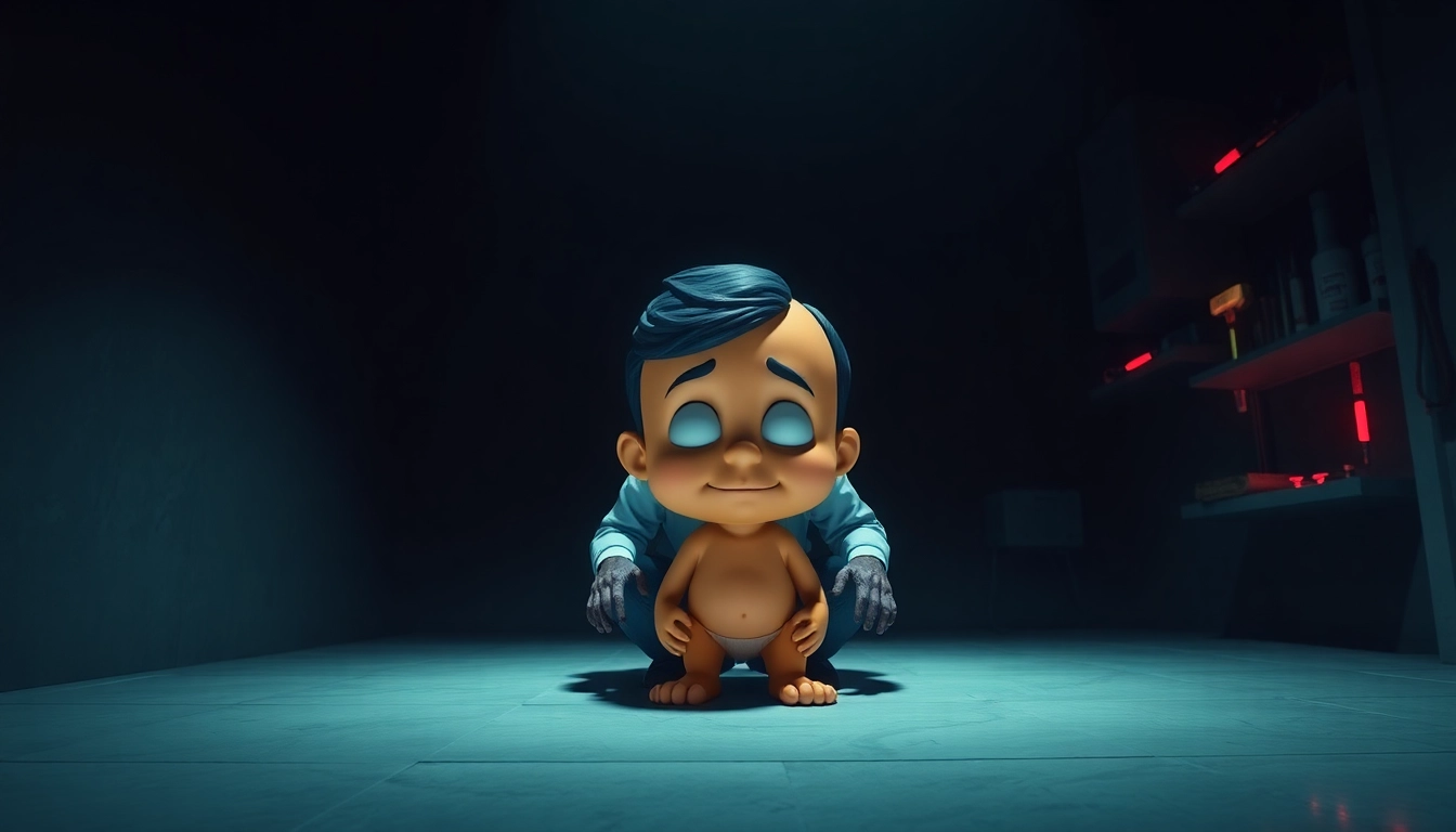 A disturbing scene of a character clicking on Harvey in a clinical room, with violent tools displayed nearby, evoking moral conflict and psychological horror.