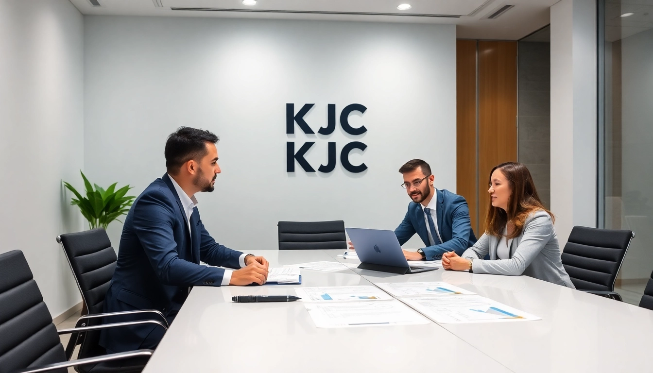 KJC professional branding logo displayed prominently on a modern office background, representing trust and expertise in legal and community services.