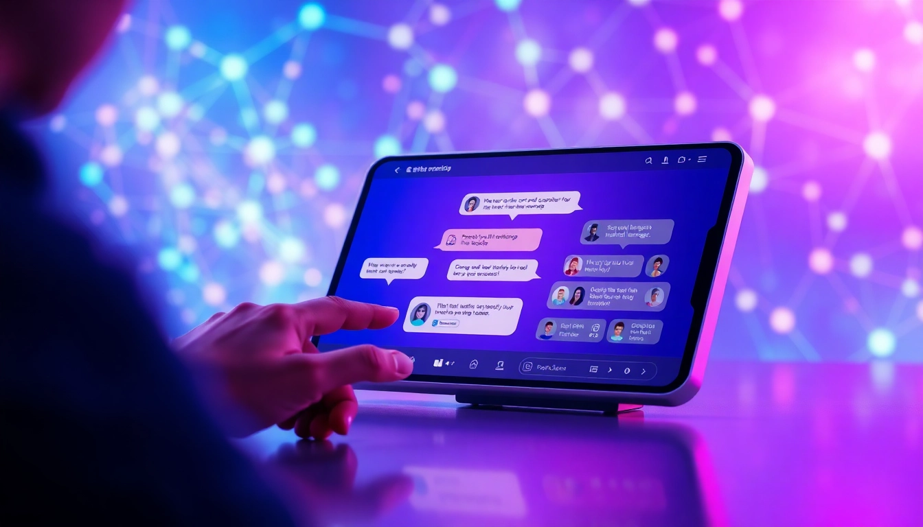 Illustration of a futuristic AI chat interface with customizable characters on a sleek device, glowing network background, and engaging conversation bubbles.