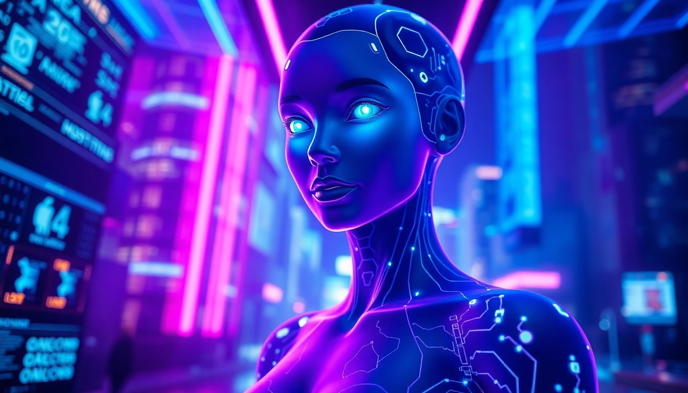 An AI character with glowing eyes and circuit patterns in a neon-lit futuristic environment, emphasizing technology and sensuality.
