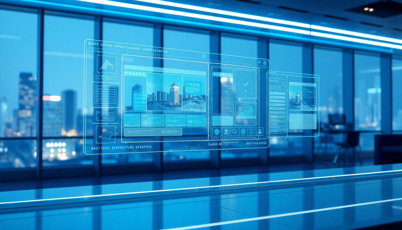 Futuristic workspace with holographic AI image editing interface and cityscape background.