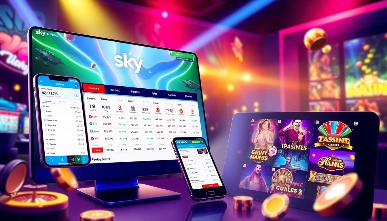Sky Exchange online betting platform with live casino games and sports betting action, showcasing vibrant graphics and user engagement.