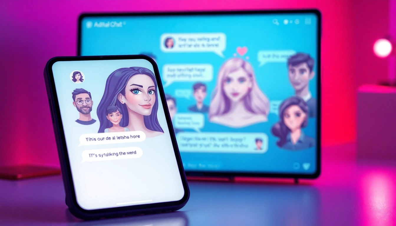 Digital illustration of a futuristic chat interface with customizable AI characters on devices, glowing screen elements, vibrant colors, and a warm, inviting mood.
