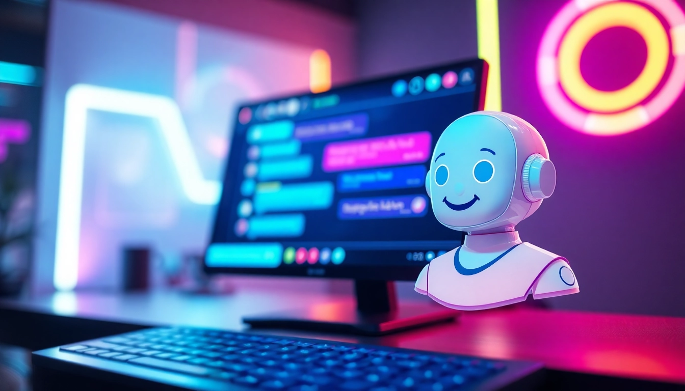 Digital interface with AI chat window and futuristic avatar in a neon-lit environment.