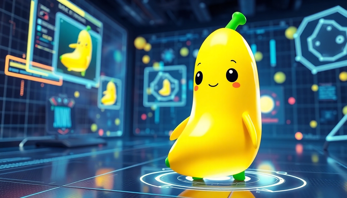 一個色彩鮮明、具有未來科技感的Nano Banana AI公仔，展現卡通風格的角色，配有閃亮的光澤與明亮的黃色和綠色，背景為充滿科技感的數位工作空間，營造出創新與趣味兼具的氛圍。