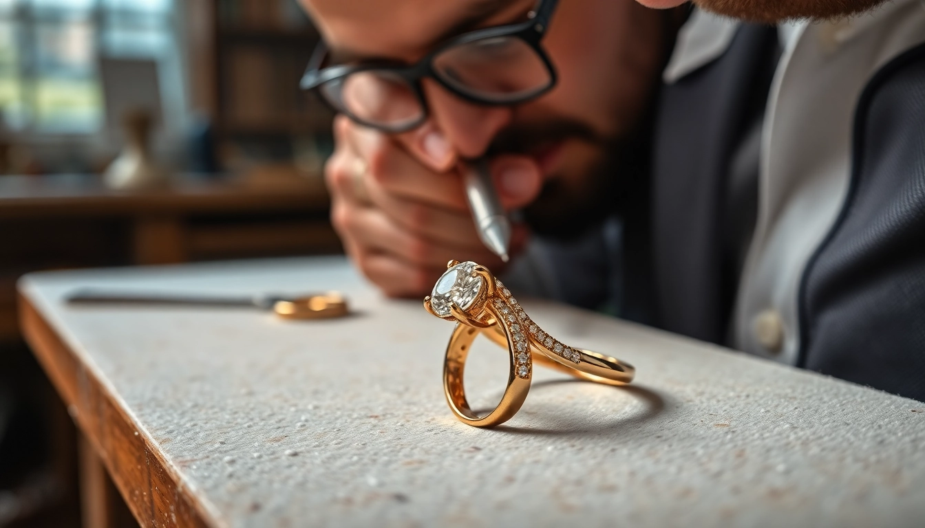Professional jeweler demonstrating suzadetuviu ziedu gamyba with detailed craftsmanship and