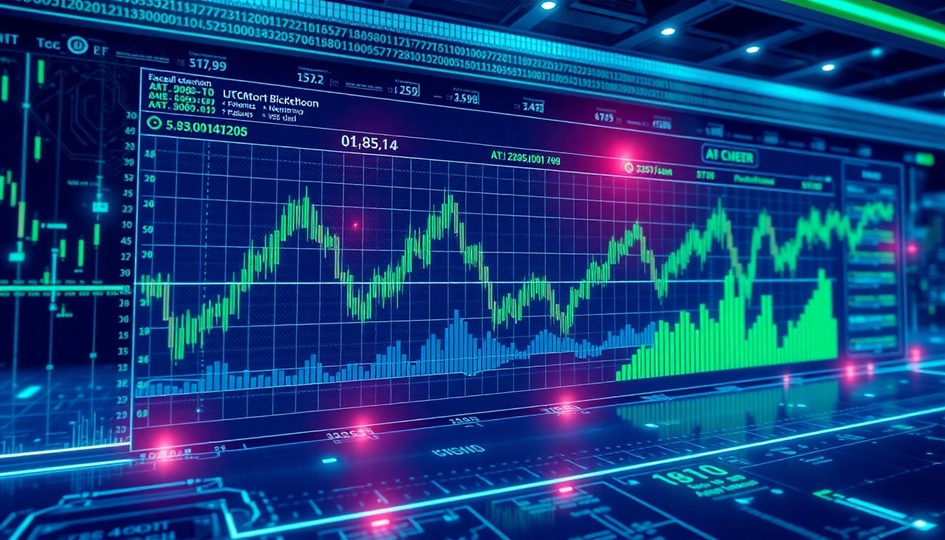 High-tech AICoin trading platform displaying real-time AI market analysis with sleek charts and